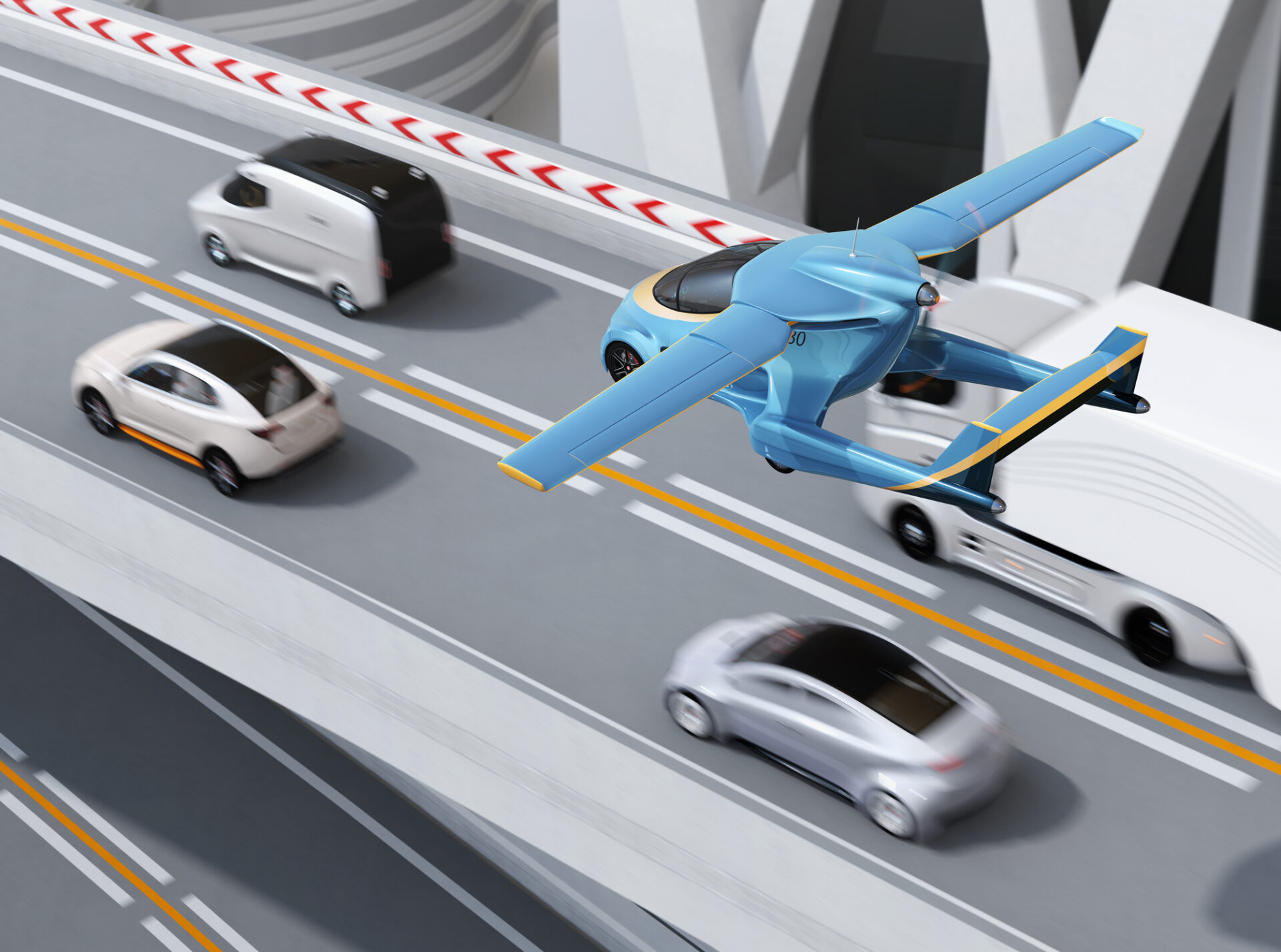 Futuristic flying car flying over the highway